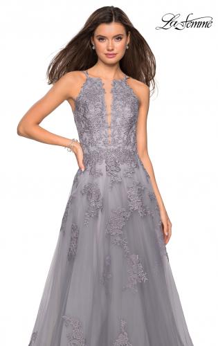 Picture of: Tulle Prom Dress with Lace Bodice and Strappy Back in Platinum, Style: 27143, Detail Picture 6