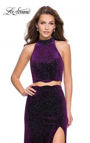 Picture of: Two Piece Velvet Prom Dress with Scallop Detail and Slit in Plum, Style: 25667, Detail Picture 2