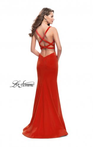 Picture of: Long Form Fitting Jersey Prom Dress with Open Back in Poppy Red, Style: 25651, Back Picture