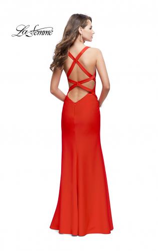 Picture of: Halter Top Prom Dress with Deep V Neckline and Slit in Poppy Red, Style: 25904, Back Picture