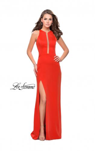 Picture of: High Neck Satin Gown with Leg Slit and Strappy Back in Poppy Red, Style: 25962, Detail Picture 6