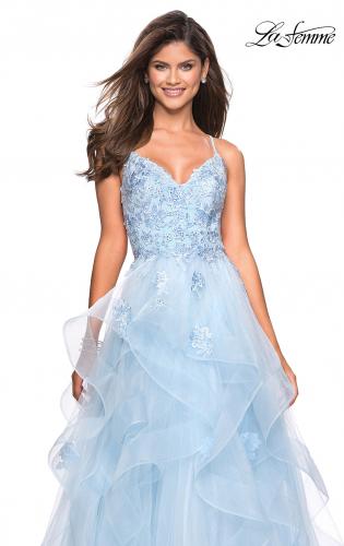 Picture of: Floor Length Tulle Dress with Floral Embellishments in Powder Blue, Style: 27579, Detail Picture 4