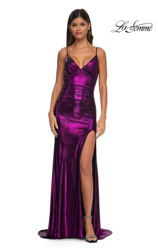 Picture of: Brushed Metallic Jersey Simple Prom Dress with Ruching in Purple, Style: 32812, Detail Picture 9