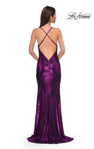 Picture of: Simple Metallic Jersey Dress with Draped Neckline and Low Back in Purple , Style 32782, Detail Picture 10