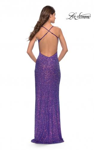 Picture of: Stretch Sequin Dress with Open Back in Purple, Style: 31209, Back Picture