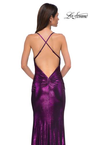 Picture of: Simple Metallic Jersey Dress with Draped Neckline and Low Back in Purple , Style 32782, Detail Picture 20