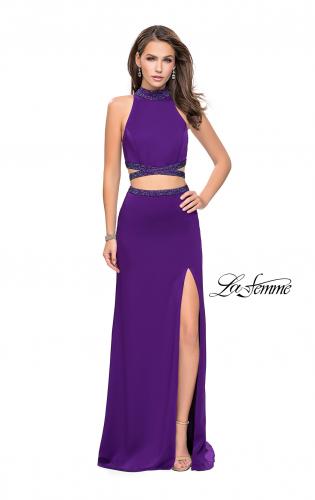 Picture of: Two Piece Prom Gown with Beaded Choker and Leg Slit in Purple, Style: 25746, Detail Picture 3