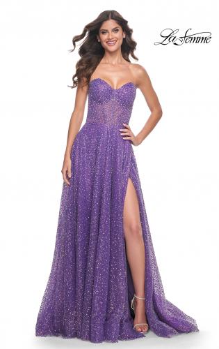 Picture of: Sequin Rhinestone A-Line Tulle Sweetheart Gown with Lace Up Back in Purple, Style: 32136, Detail Picture 4