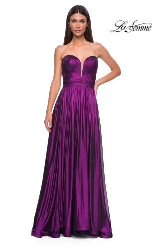 Picture of: Flowy Metallic Net Jersey Prom Dress with Intricate Ruched Bodice in Purple , Style 32899, Detail Picture 7