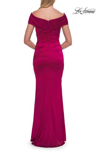 Picture of: Off-the-Shoulder Ruched Satin Evening Gown in Raspberry, Style: 33620, Detail Picture 8