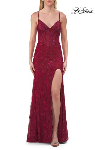 Picture of: Lace Embellished Gown with Spaghetti Straps and High Slit in Raspberry, Style: 33473, Detail Picture 8
