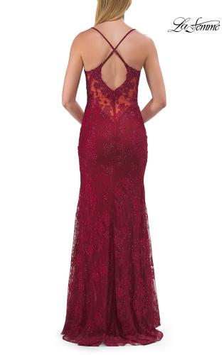 Picture of: Lace Embellished Gown with Spaghetti Straps and High Slit in Raspberry, Style: 33473, Detail Picture 9