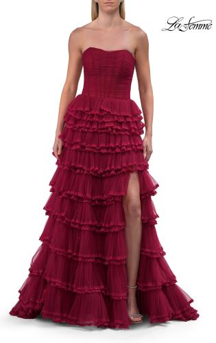 Picture of: Strapless Tiered Ruffle Tulle Gown with Slit in Raspberry, Style: 33727, Detail Picture 10