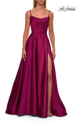 Picture of: A-Line Satin Gown with Draped Bodice, Slit, and Lace-Up Back in Raspberry, Style: 33373, Detail Picture 11