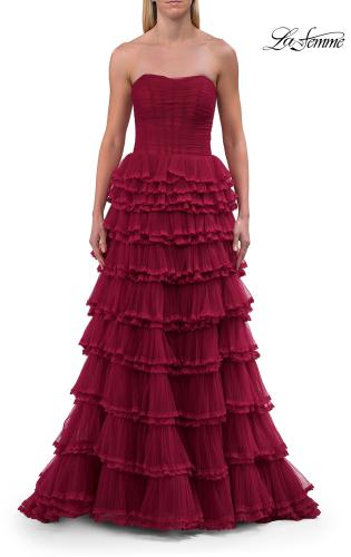 Picture of: Strapless Tiered Ruffle Tulle Gown with Slit in Raspberry, Style: 33727, Detail Picture 12