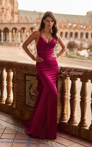 Picture of: Satin Gown with Cowl Neck and Open Back in Raspberry, Style: 33193, Detail Picture 2