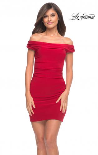 Picture of: Ruched Off the Shoulder Jersey Short Dress in Red, Detail Picture 3