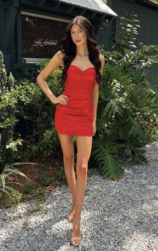 Picture of: Satin Lace-Up Mini Dress in Red, Style 33260, Detail Picture 5