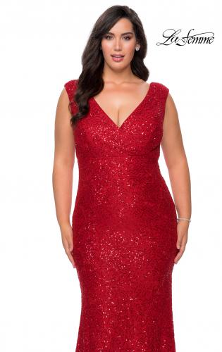 Picture of: Curvy Stretch Lace Dress with V-Neck and Rhinestones in Red, Style: 28837, Detail Picture 9