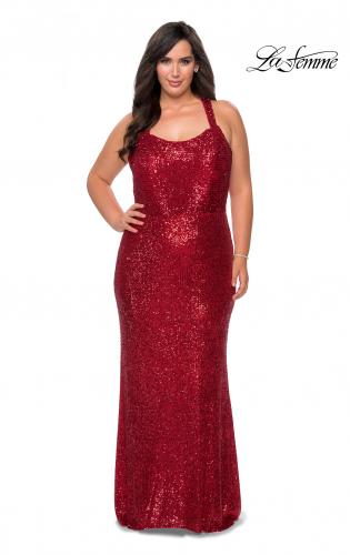 Picture of: Stretch Lace Plus Size Prom Dress with Criss Cross Back in Red, Style: 28842, Detail Picture 1