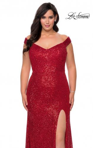 Picture of: Sequin Plus Size Dress with Off the Shoulder Detail in Red, Style: 29023, Detail Picture 1