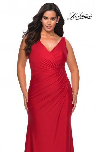 Picture of: Curvy Jersey Prom Dress with Ruching and Slit in Red, Style: 29024, Detail Picture 3