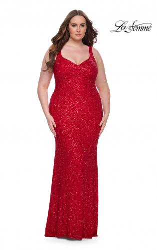 Picture of: Fitted Stretch Sequin Plus Size Dress with V Neck in Red, Style: 31163, Detail Picture 4