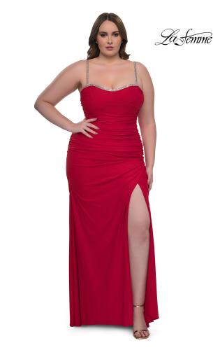 Picture of: Jersey Plus Size Dress with Rhinestone Neckline and Straps in Red , Style: 32992, Detail Picture 5
