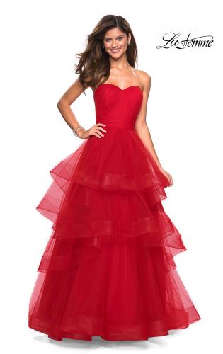 Picture of: Layered Tulle Strapless Prom Gown with Ruching in Red, Style: 27624, Main Picture