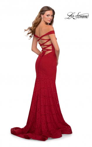 la femme beaded back off the shoulder gown