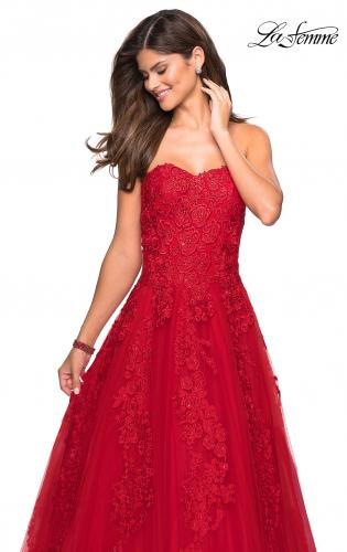 Picture of: Strapless Tulle Prom Dress with Lace Appliques in Red, Style: 27269, Detail Picture 8