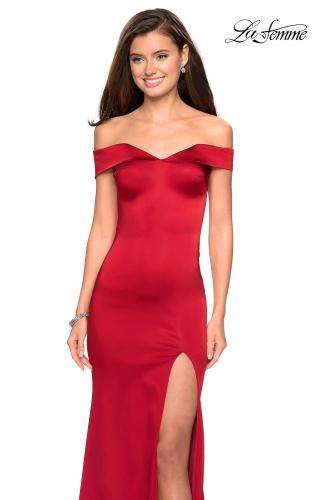Picture of: Form Fitting Off the Shoulder Satin Prom Dress in Red, Style: 27752, Detail Picture 8
