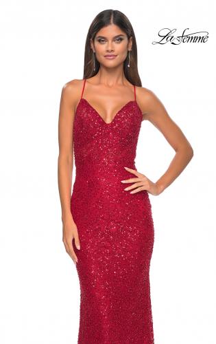 Picture of: Beaded Lace Long Dress with Illusion Bodice in Red, Style: 31359, Detail Picture 8