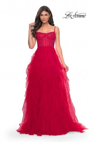 Picture of: Tulle A-Line Dress with Ruffle Skirt and Buster Rhinestone Fishnet Bodice in Red, Style: 32233, Detail Picture 8