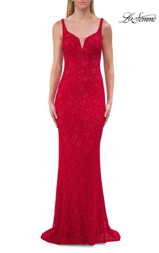 Picture of: Lace Fitted Gown with Open Lace-Up Back in Red, Style: 33519, Detail Picture 8