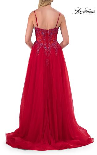 Picture of: Beaded Tulle A-Line Gown with Sheer Corset Bodice in Red, Style: 33702, Detail Picture 8