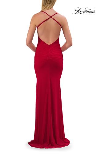 Picture of: Net Jersey Gown with Sheer Cutouts and Open Back in Red, Style: 33708, Detail Picture 8