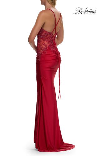 Picture of: Rhinestone Lace Corset Gown with Slit and Crisscross Lace-Up Back in Red, Style: 33769, Detail Picture 8