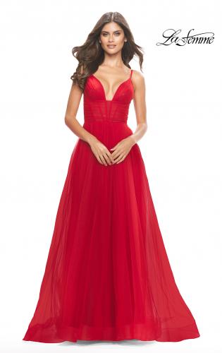 Picture of: A-Line Tulle Gown with Illusion Bodice and Boning in Red, Style: 31147, Detail Picture 9