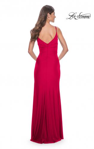 Picture of: Simple Jersey Gown with Deep V Neckline and Ruching in Red, Style: 32115, Detail Picture 9