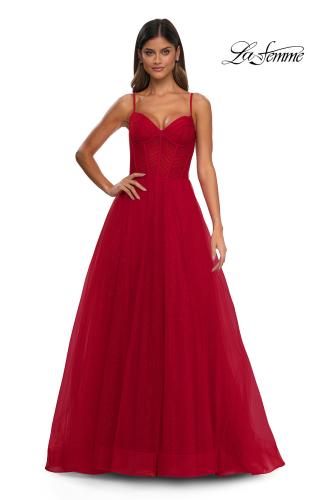 Picture of: Prom Dress with Sparkle Tulle and Ruched Corset Top in Red, Style: 32680, Detail Picture 9