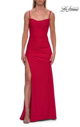 Picture of: Cowl Neck Fitted Gown with Slit and Lace-Up Back in Red, Style: 33365, Detail Picture 9