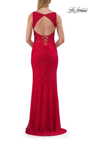 Picture of: Lace Fitted Gown with Open Lace-Up Back in Red, Style: 33519, Detail Picture 9