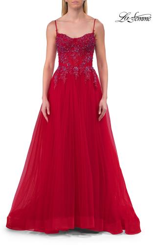 Picture of: Beaded Tulle A-Line Gown with Sheer Corset Bodice in Red, Style: 33702, Detail Picture 9