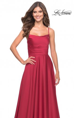 Picture of: A Line Satin Gown with Ruching and Square Neckline in Red, Style: 31105, Detail Picture 10