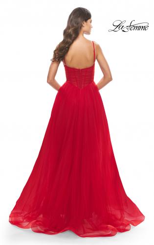 Picture of: A-Line Tulle Gown with Illusion Bodice and Boning in Red, Style: 31147, Detail Picture 10