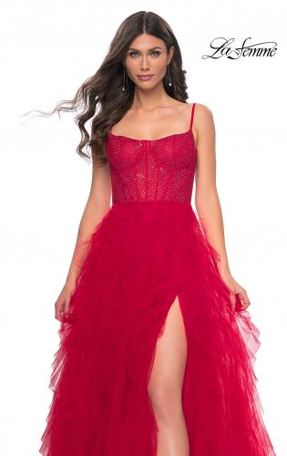 Picture of: Tulle A-Line Dress with Ruffle Skirt and Buster Rhinestone Fishnet Bodice in Red, Style: 32233, Detail Picture 10