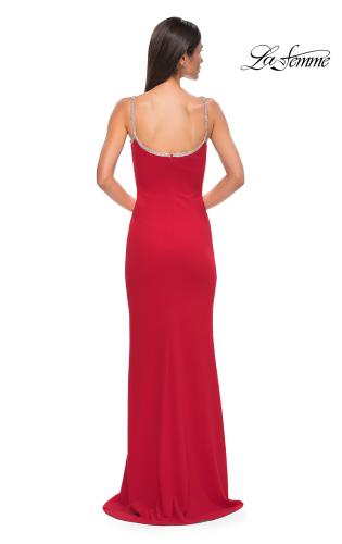 Picture of: Jersey Dress with Rhinestone Edge Square Neckline and Straps in Red , Style 32844, Detail Picture 10