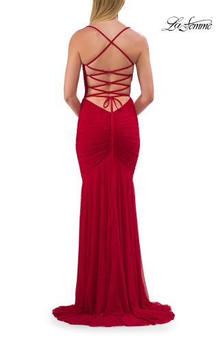 Picture of: Ruched Lace Fitted Gown with Strappy Open Back in Red, Style: 33857, Detail Picture 10