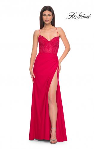 Picture of: Fitted Jersey Dress with Fishnet Rhinestone Illusion Bustier Top in Red, Style: 32230, Detail Picture 11